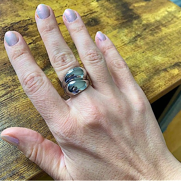 Sterling Silver Geometric Glossy Cuff Minimalist Statement Ring Set - Picture 4 of 12